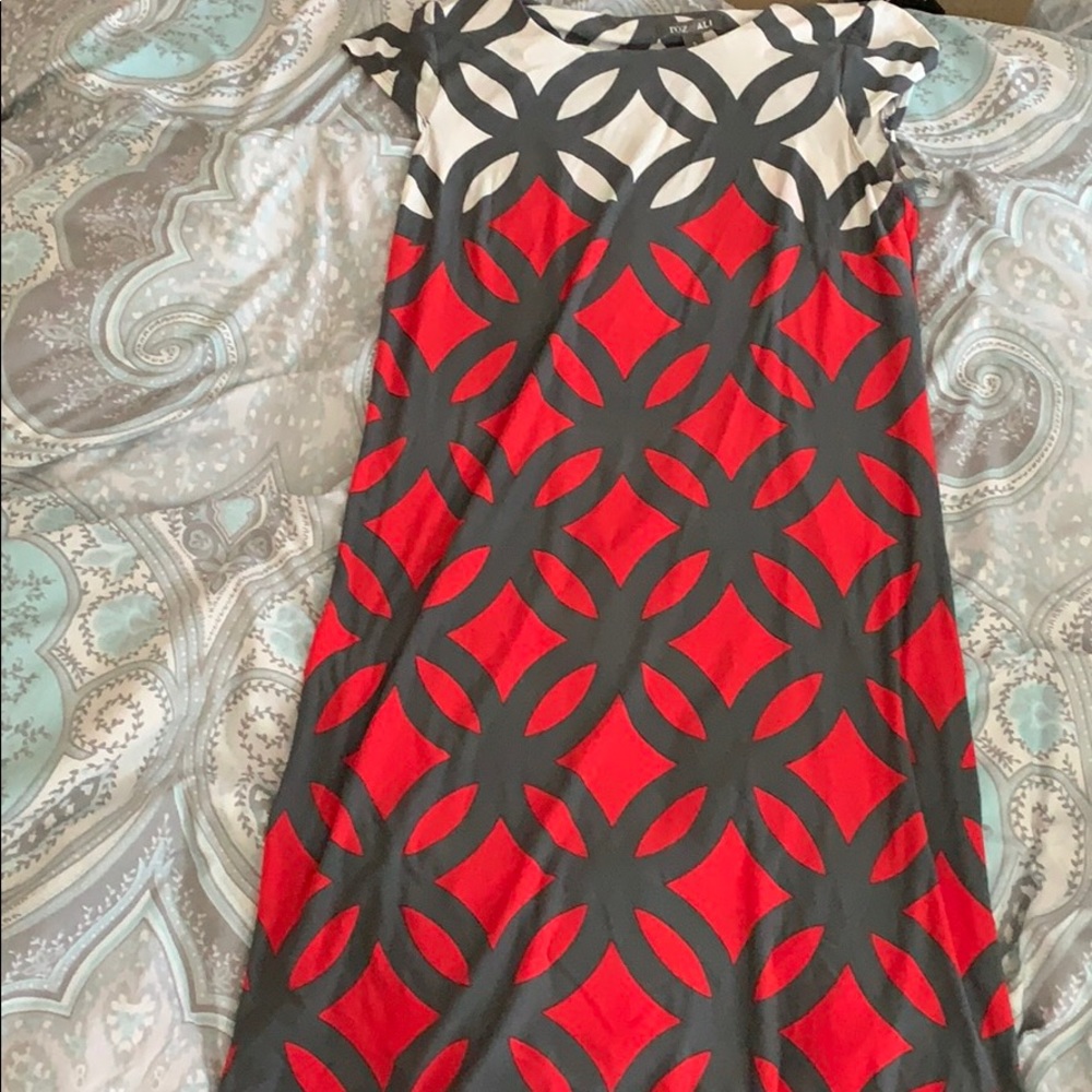 Red, white and gray designed dress.